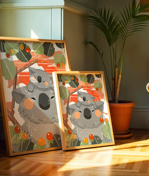 Koalas dans un cadre naturel vibrant aux tons orange et verts