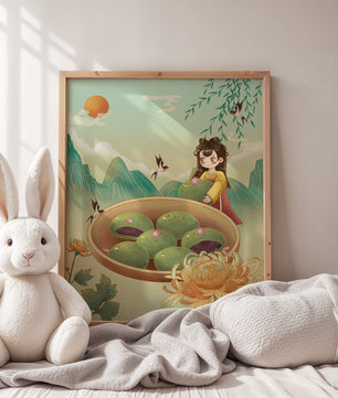 Charming Scene with Traditional Dress and Scenic Landscape Featuring Floral Elements and Birds