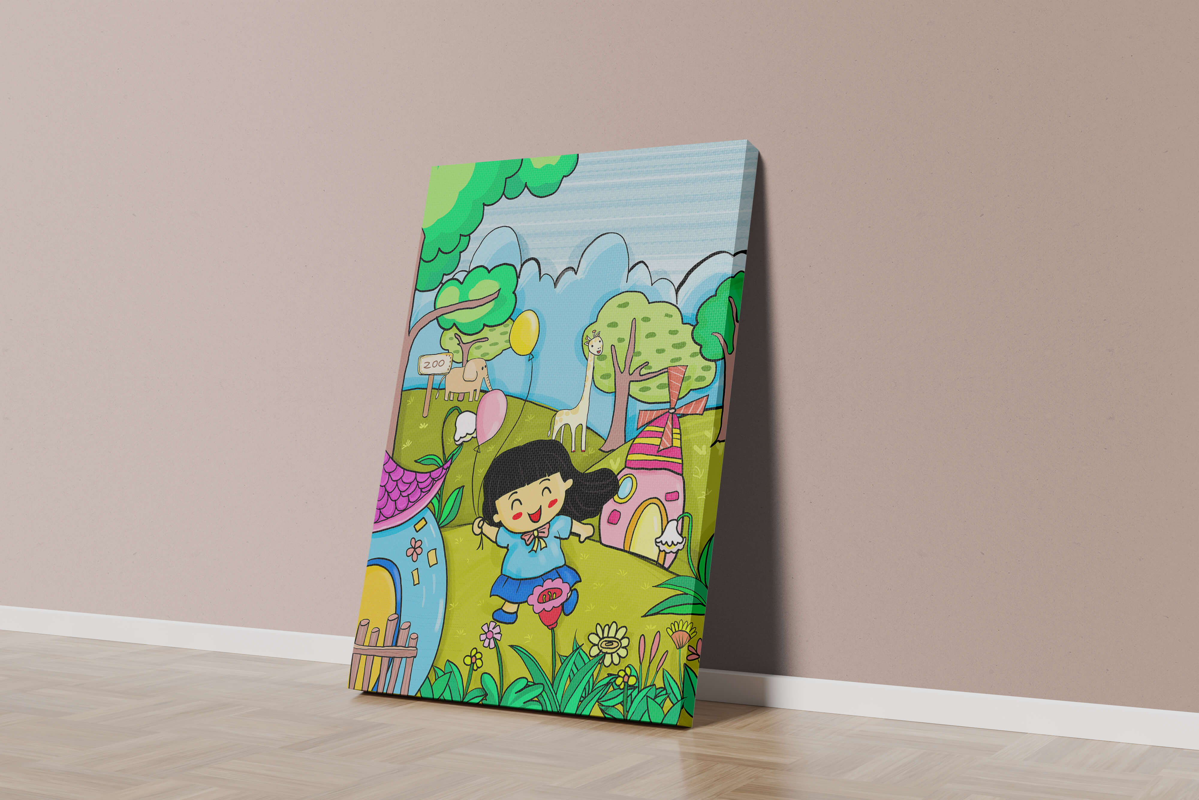 Colorful children's illustration of a joyful zoo visit with animals