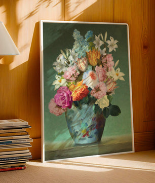 Floral arrangement in a decorative vase on a green background