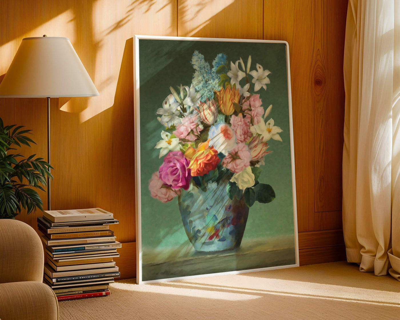 Floral arrangement in a decorative vase on a green background