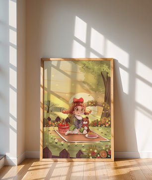 Whimsical picnic scene with a young girl and teddy bear under sunset in vibrant meadow