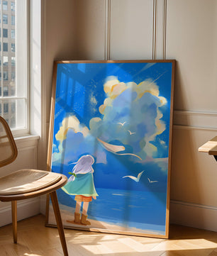 Young person gazing at a vibrant seaside sky with birds flying