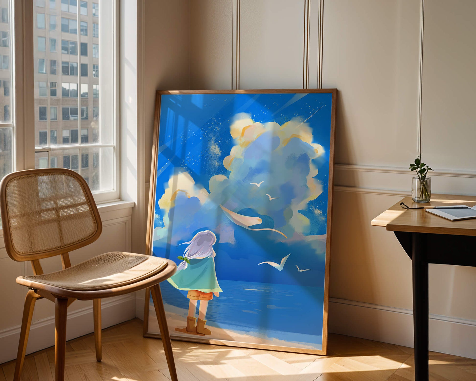 Young person gazing at a vibrant seaside sky with birds flying