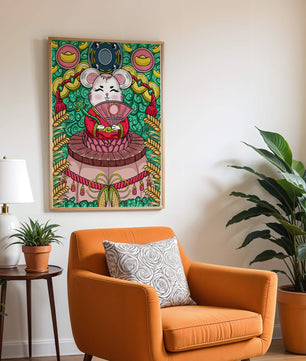 Ratón decorativo encantador con elementos asiáticos y monedas sobre un fondo vibrante