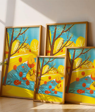 Paysage d'automne coloré avec rivière et arbres vibrants