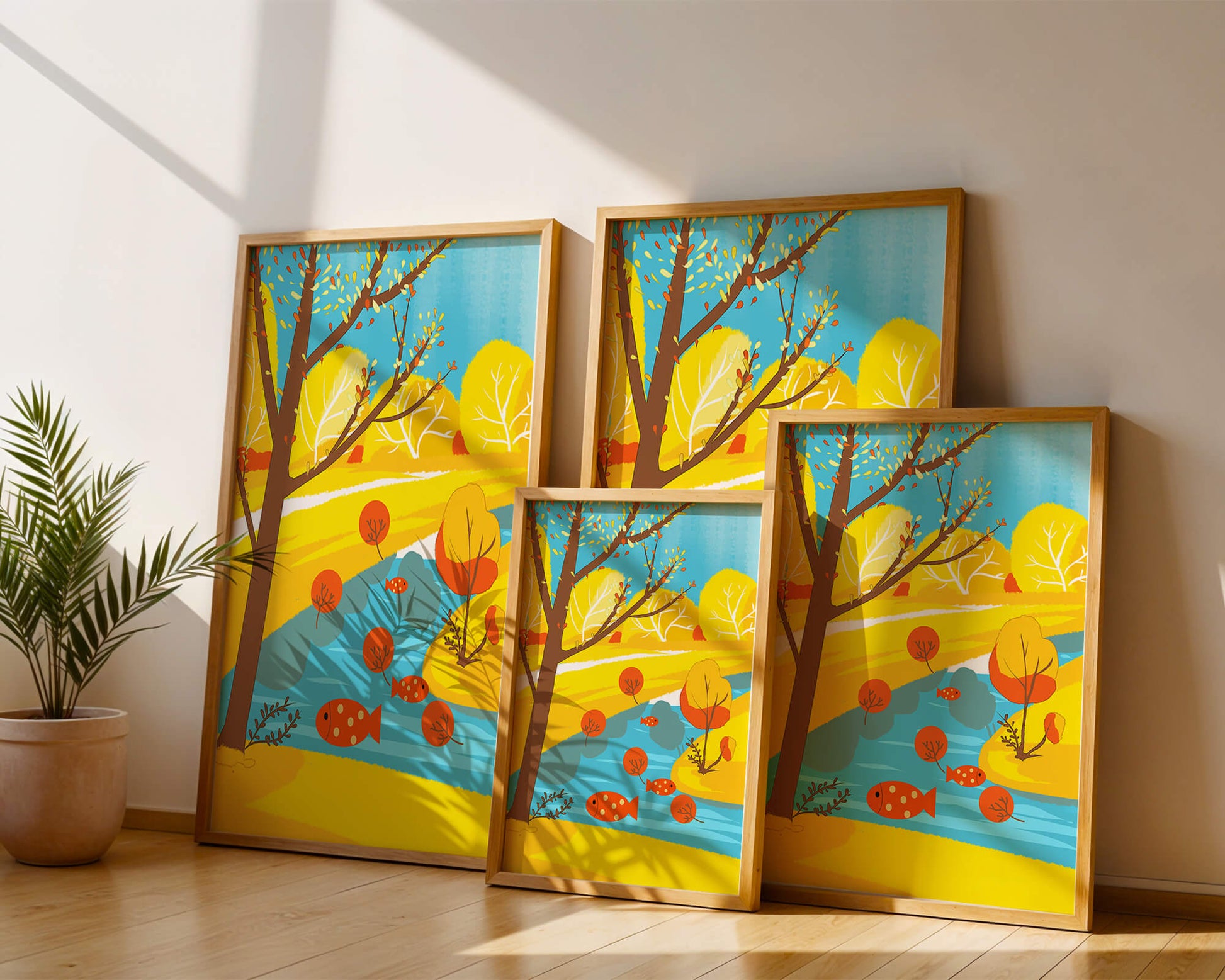 Paysage d'automne coloré avec rivière et arbres vibrants