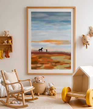 Serene landscape with cowboy and horse under vast sky