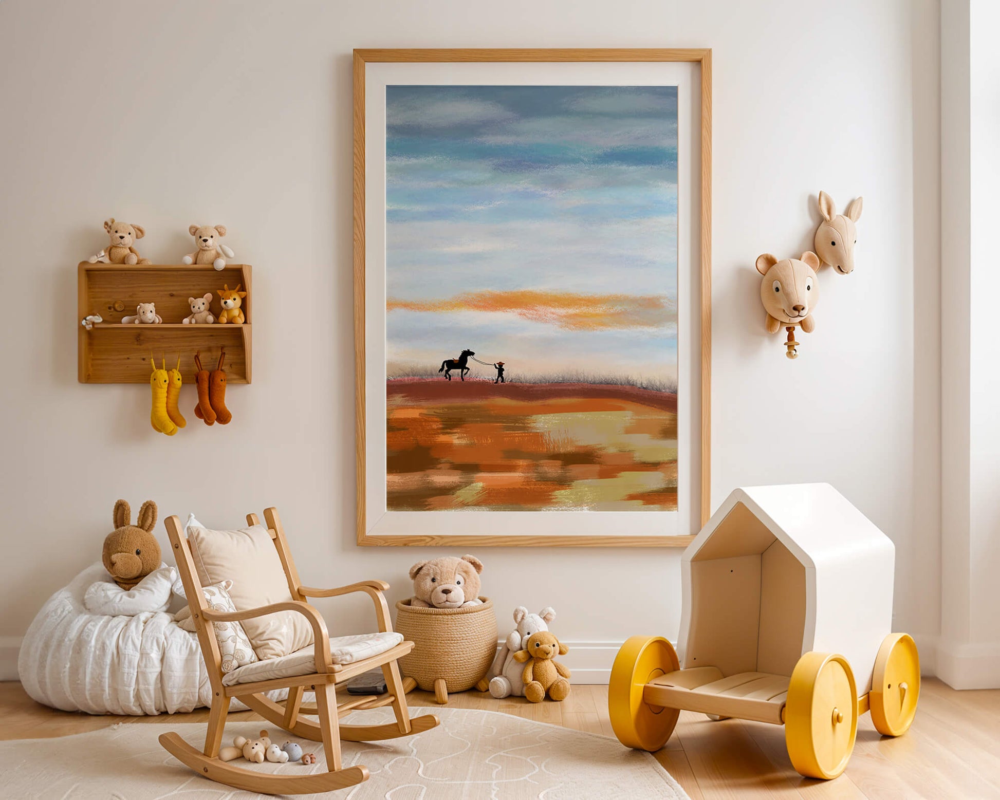 Serene landscape with cowboy and horse under vast sky