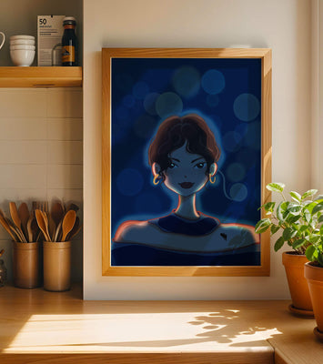 Illustration of a woman with bokeh lights and stylish earrings