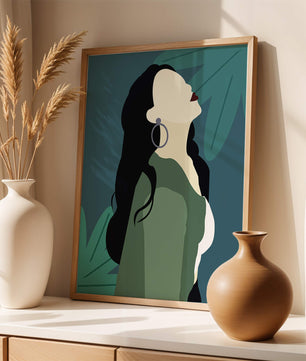 Stylized artwork of a woman with dark hair and earrings against a tropical leaf backdrop