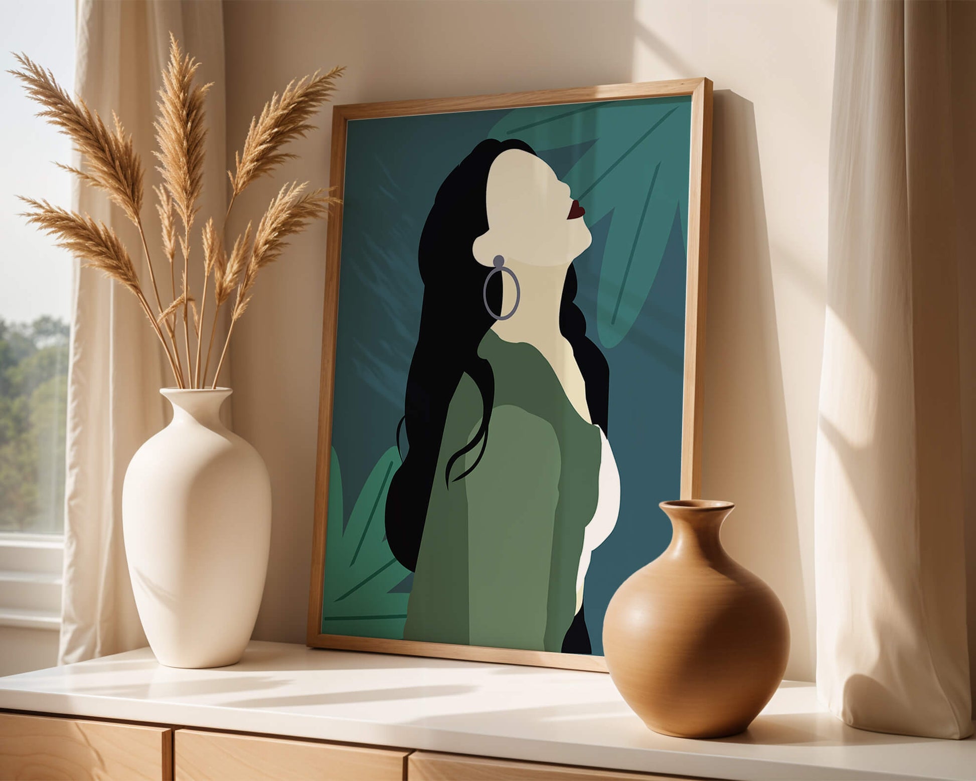 Stylized artwork of a woman with dark hair and earrings against a tropical leaf backdrop