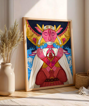Surreal illustration of a mystical creature with golden horns and vibrant elements