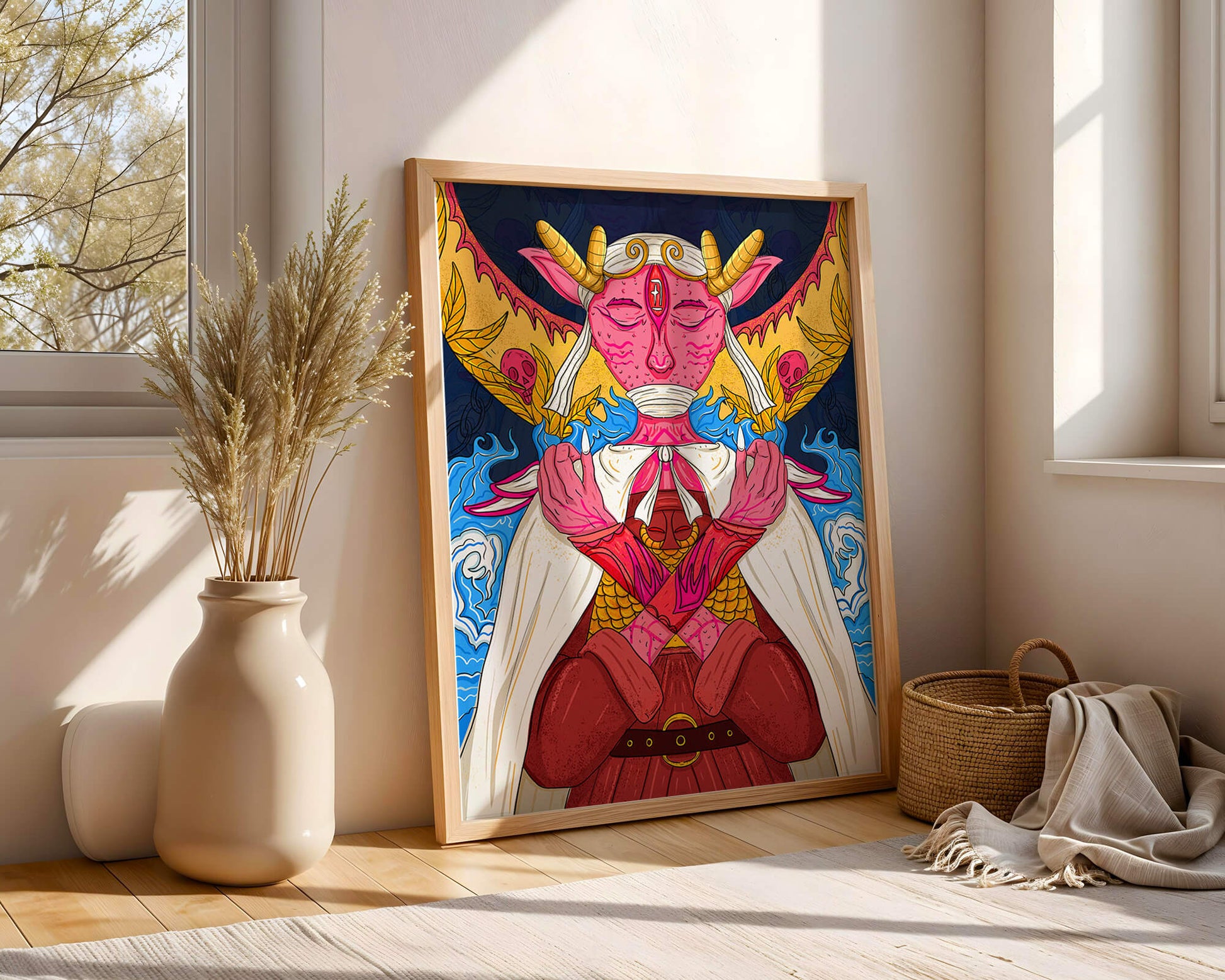 Surreal illustration of a mystical creature with golden horns and vibrant elements
