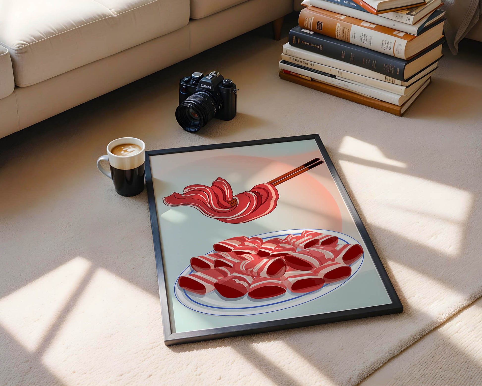 Delicious raw meat slices on plate with chopsticks in background