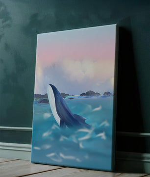 Ruhige Meeresszene mit einem majestätischen Wal, der im Morgengrauen aus dem Wasser springt