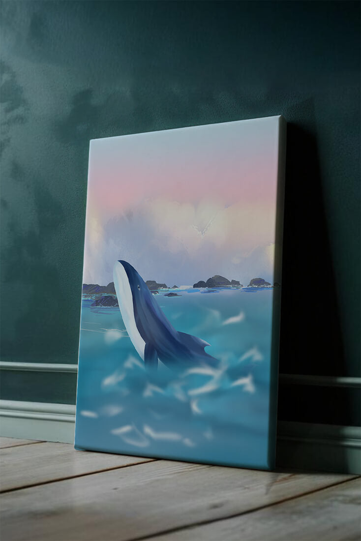Ruhige Meeresszene mit einem majestätischen Wal, der im Morgengrauen aus dem Wasser springt