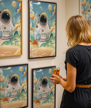 Colorful illustration of an astronaut in space with planets and rocket
