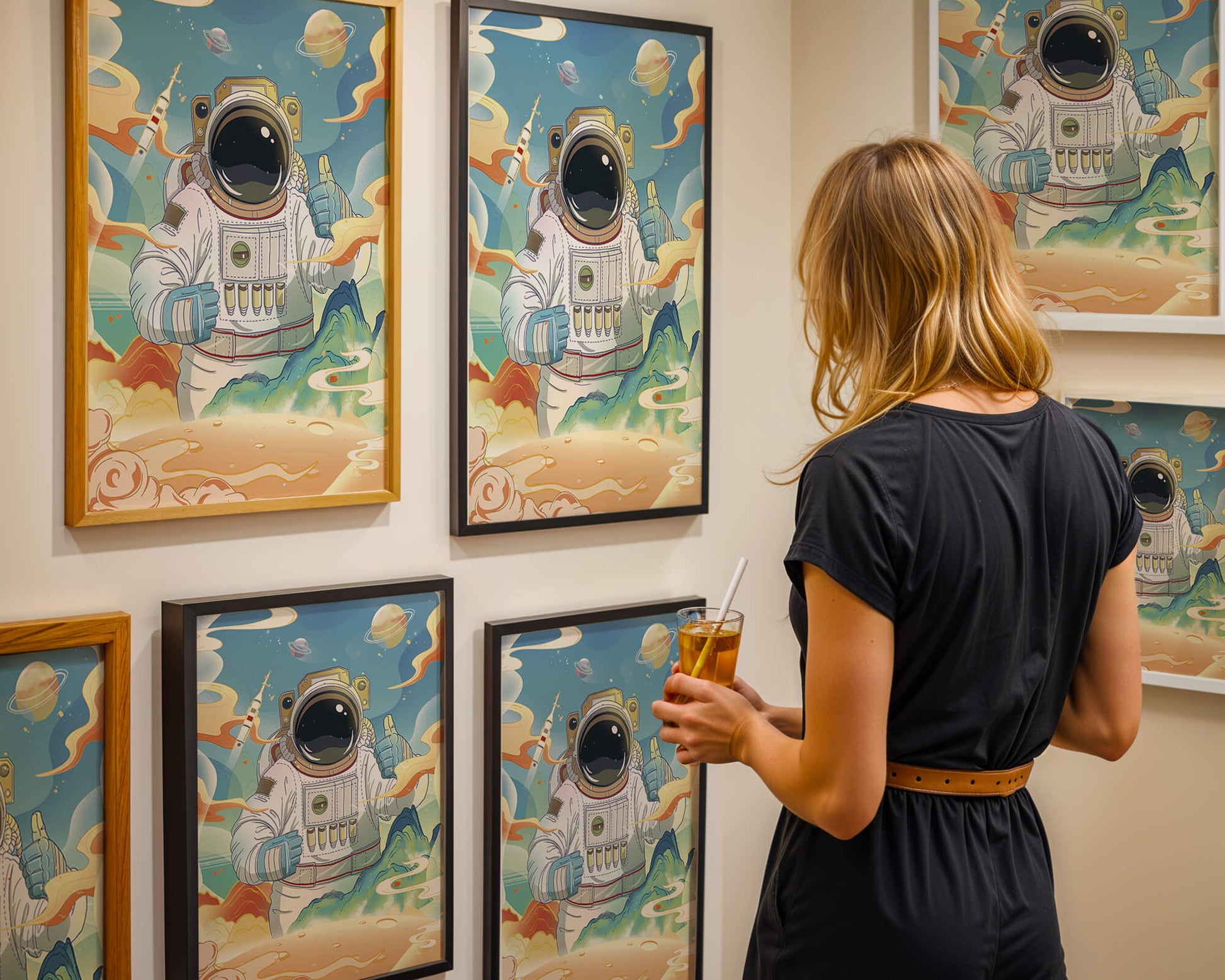 Colorful illustration of an astronaut in space with planets and rocket