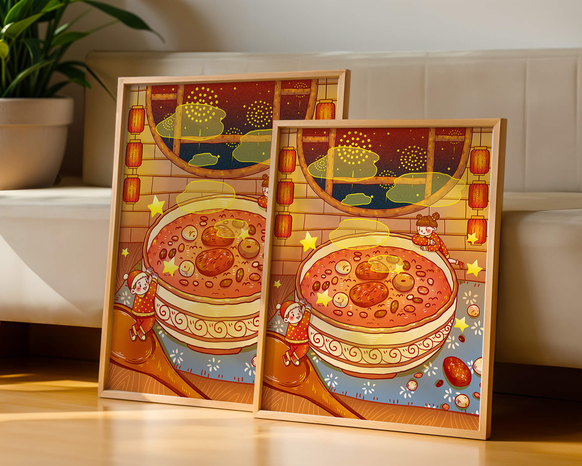 Cozy festive scene with children, a large bowl of soup, and lanterns
