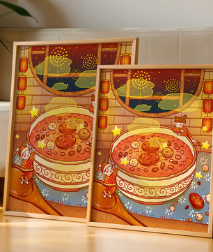 Scène festive et chaleureuse avec des enfants, un grand bol de soupe et des lanternes