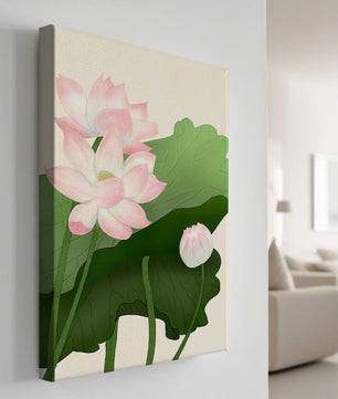 Delicate pink lotus flowers with verdant green leaves