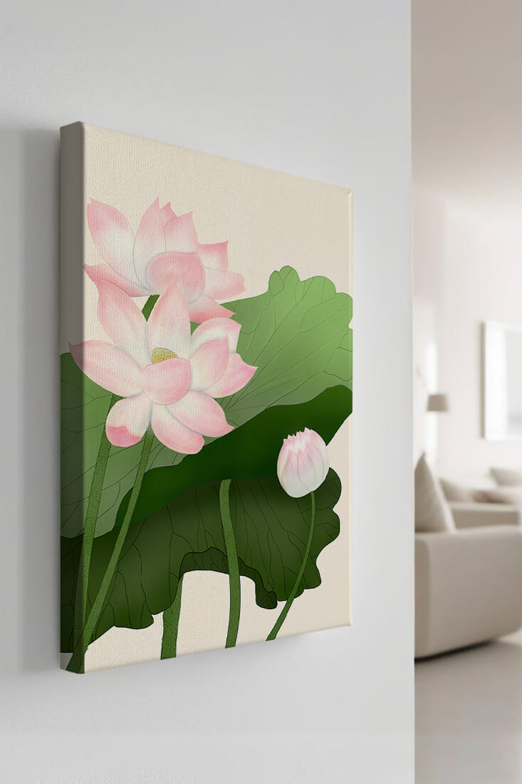 Delicate pink lotus flowers with verdant green leaves
