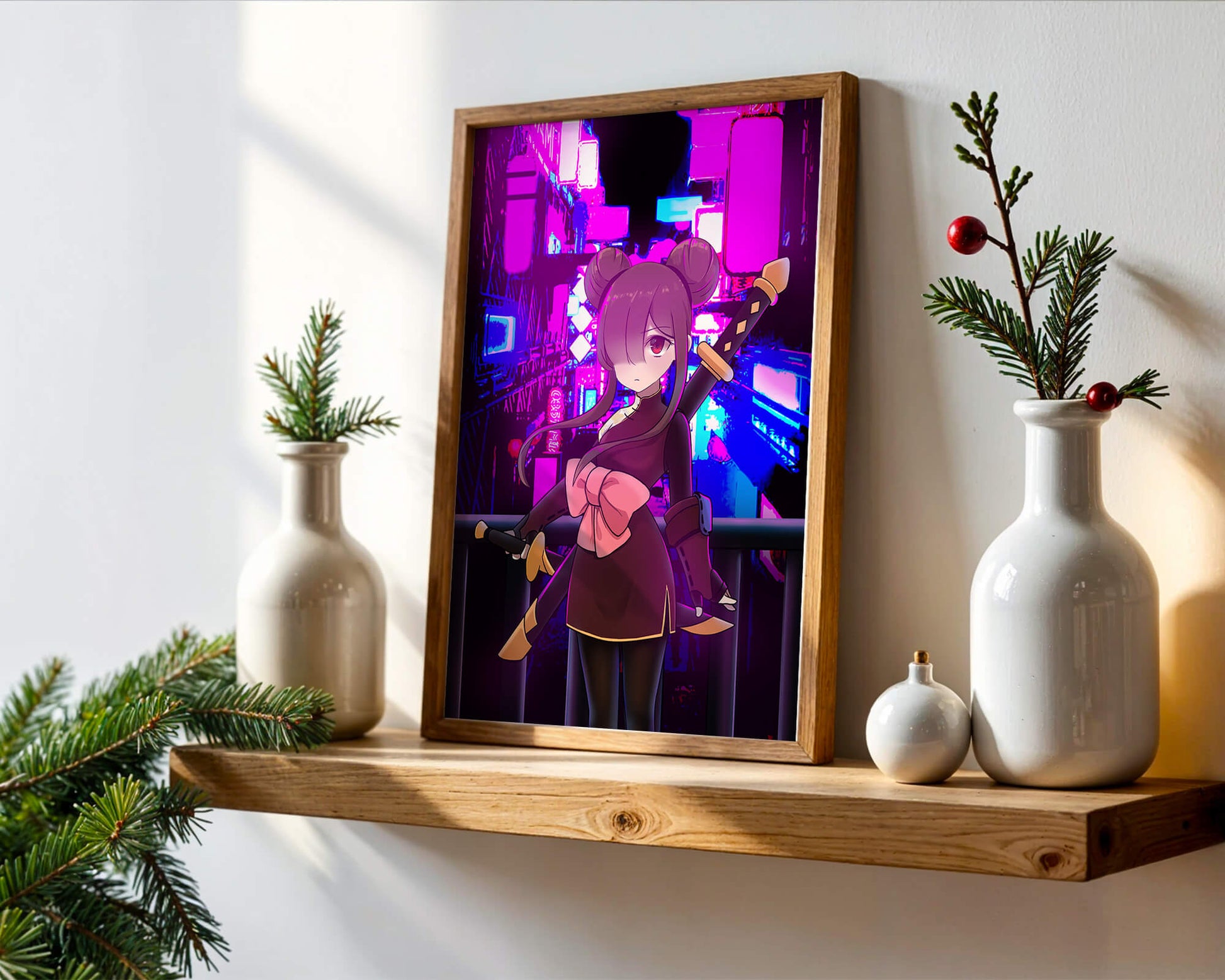 Anime Character with Swords and Neon Cityscape Background