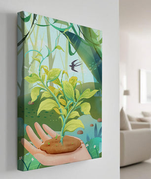 Hand hält eine wachsende Pflanze mit ruhigem Waldhintergrund und Vogel
