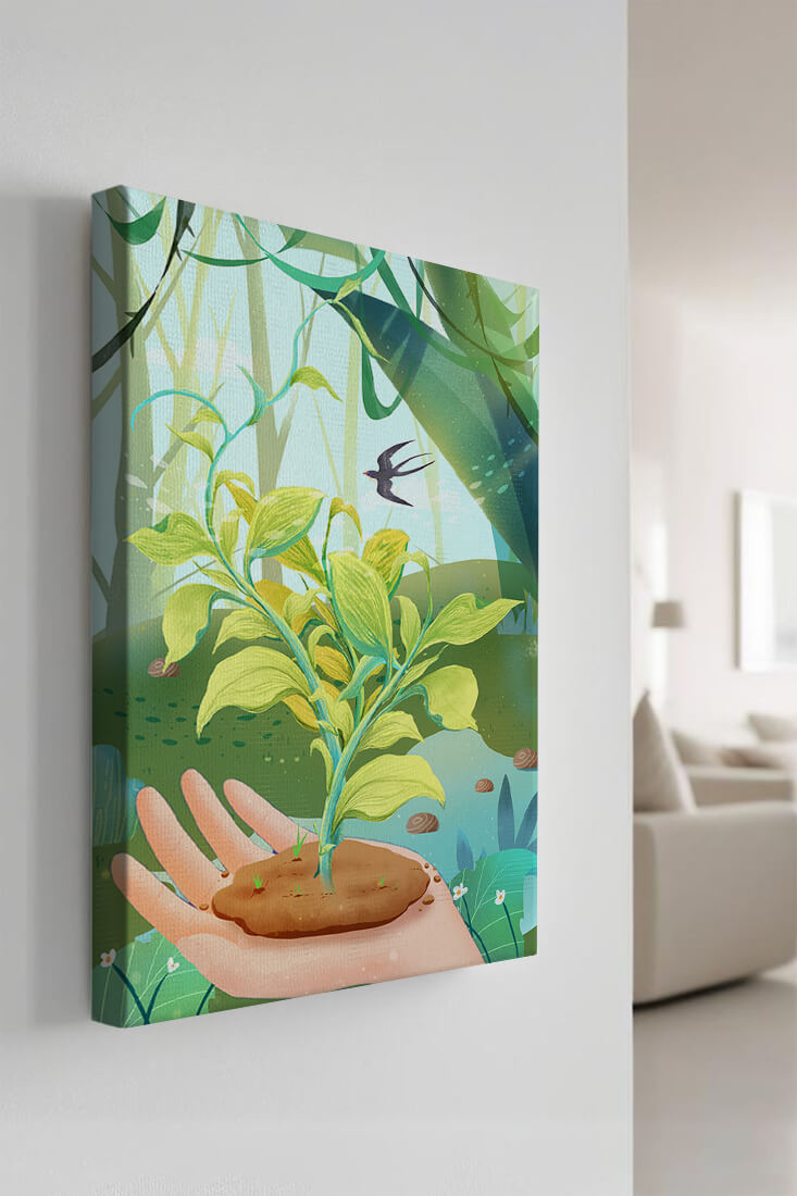 Hand hält eine wachsende Pflanze mit ruhigem Waldhintergrund und Vogel