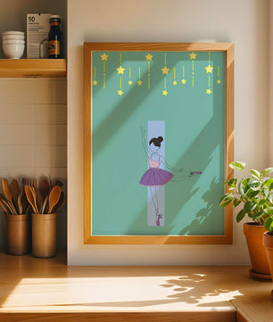 Elegant ballerina illustration with stars on a teal background