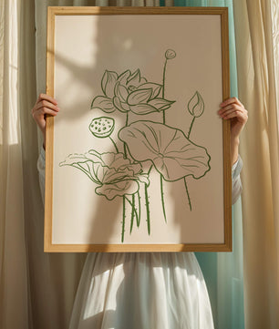 Botanische Illustration einer Lotusblume mit grüner Strichzeichnung auf weißem Hintergrund