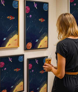Farbenfrohes Weltraumabenteuer mit Planeten und Raketenillustration