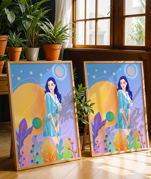 Ilustración de fantasía de una mujer en un jardín cósmico con colores vibrantes