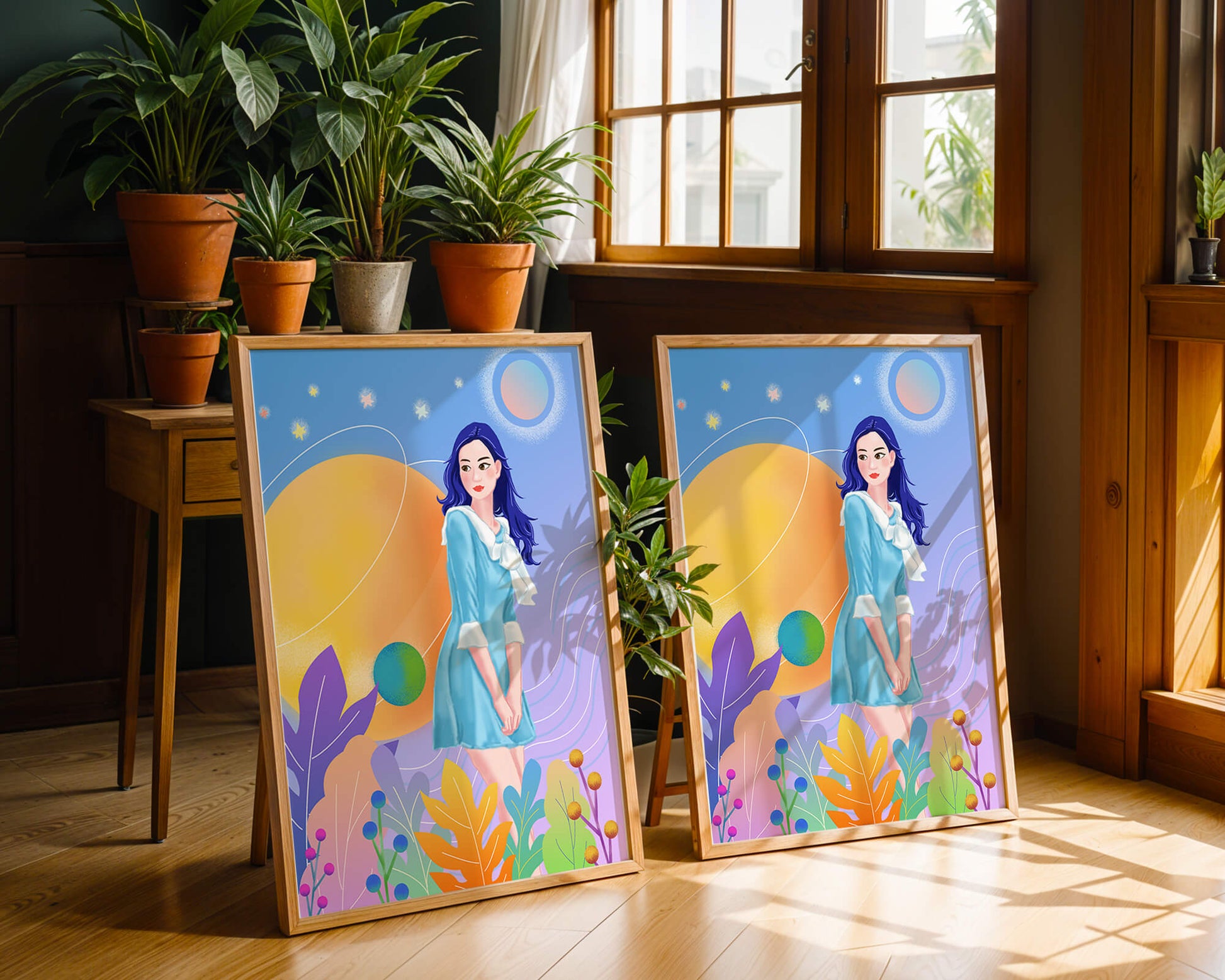 Ilustración de fantasía de una mujer en un jardín cósmico con colores vibrantes