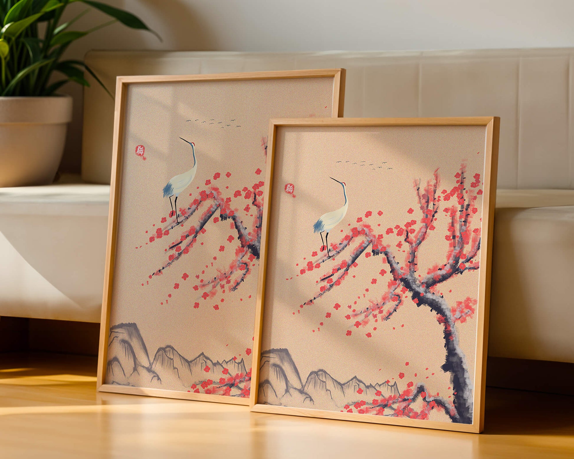 Elegant crane on cherry blossom tree with mountainous background
