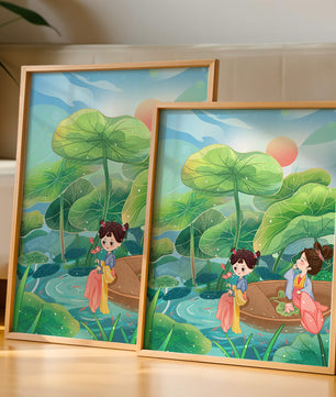 Charming illustration of children on a boat in a lush lotus pond