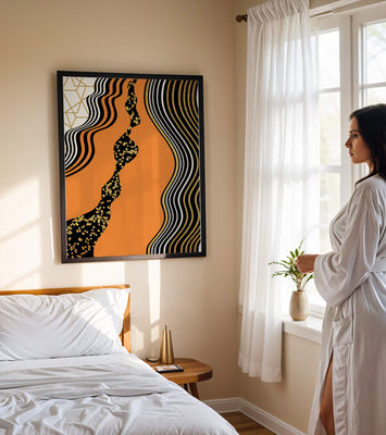 Artistic abstract design with wavy black lines and golden accents