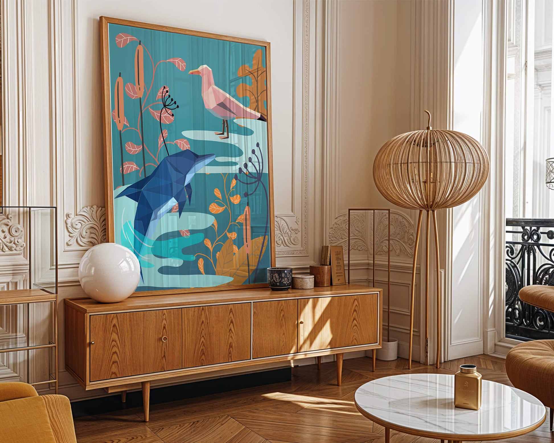 Geometric Dolphin and Seagull with Floral Elements in Abstract Nature