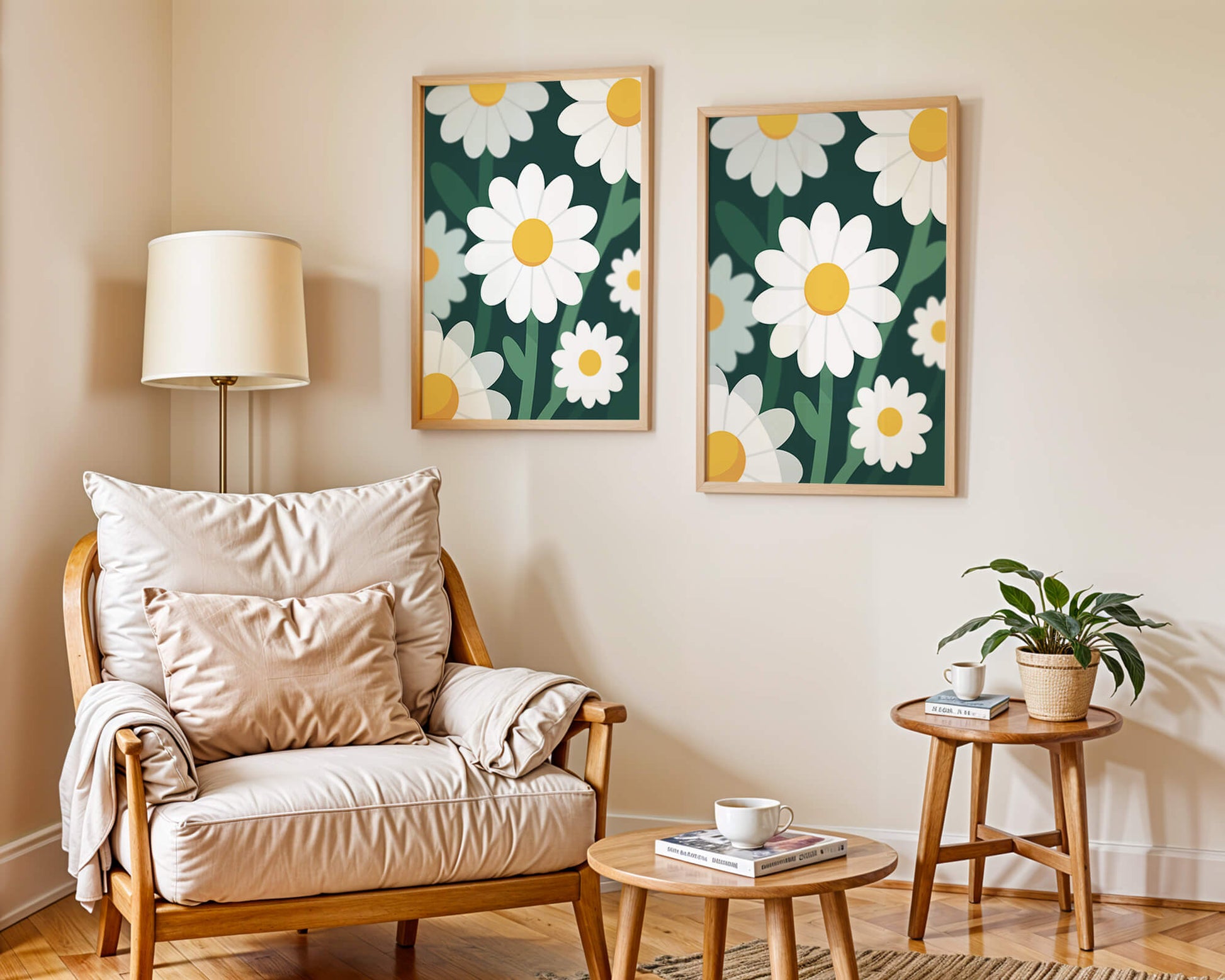 Margaritas sobre fondo verde oscuro con diseño abstracto