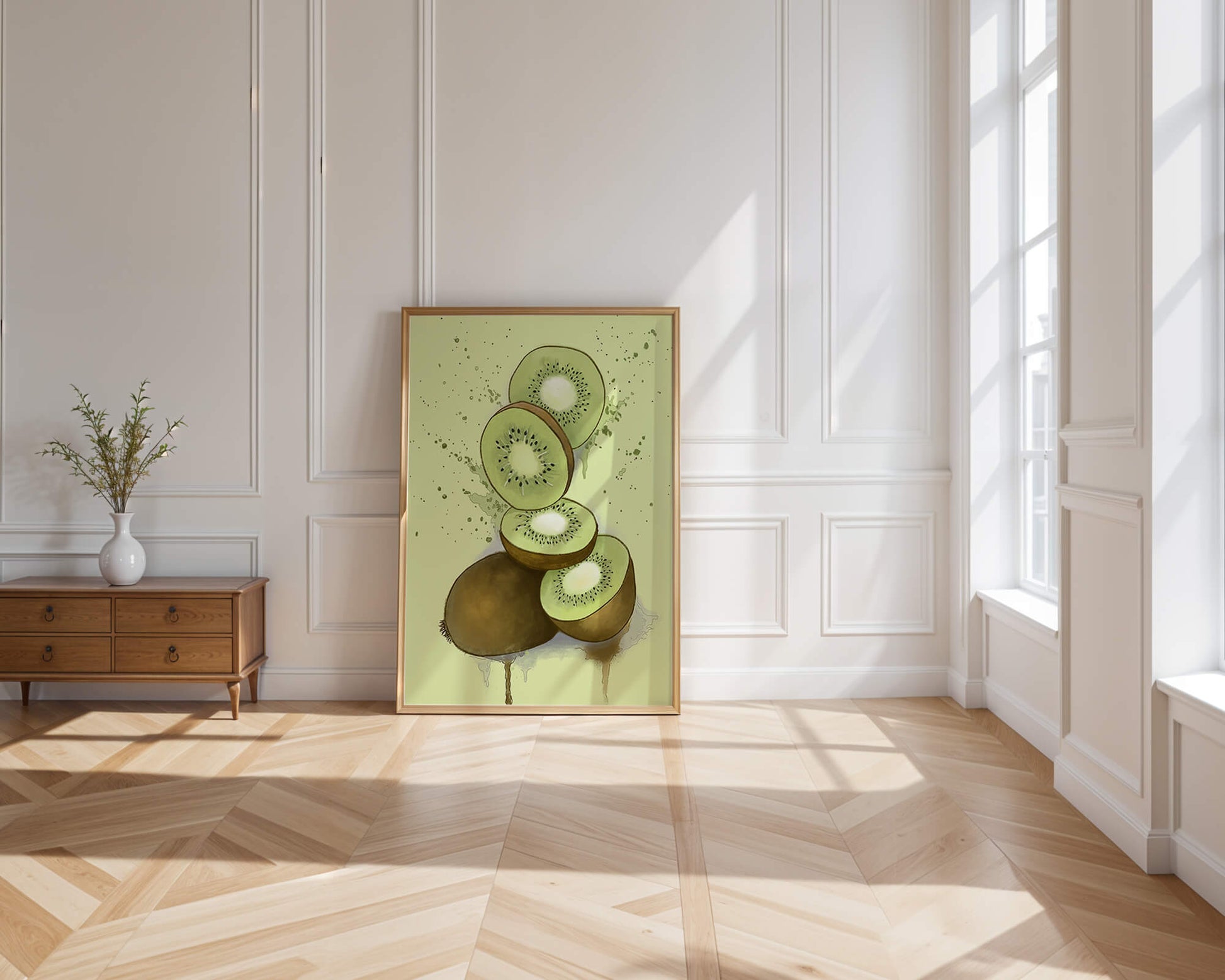 Watercolor illustration of sliced kiwi fruit with splashes