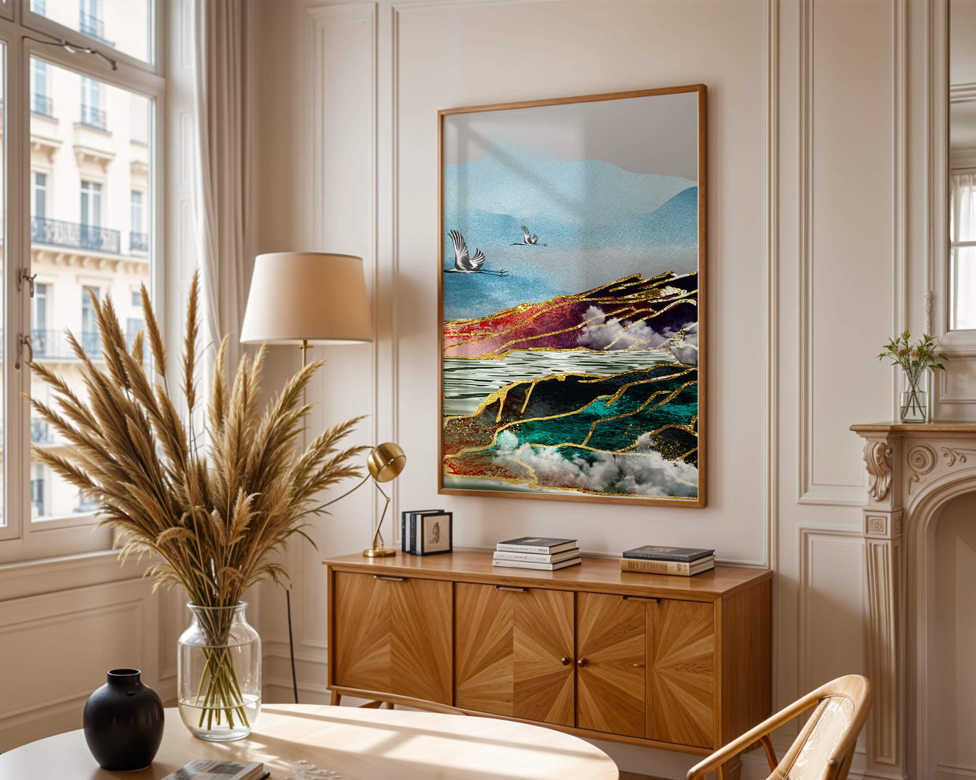 Majestic Landscape With Flying Cranes And Golden Accents