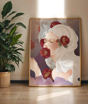 Retrato onírico de una mujer con cabello blanco y flores rojas