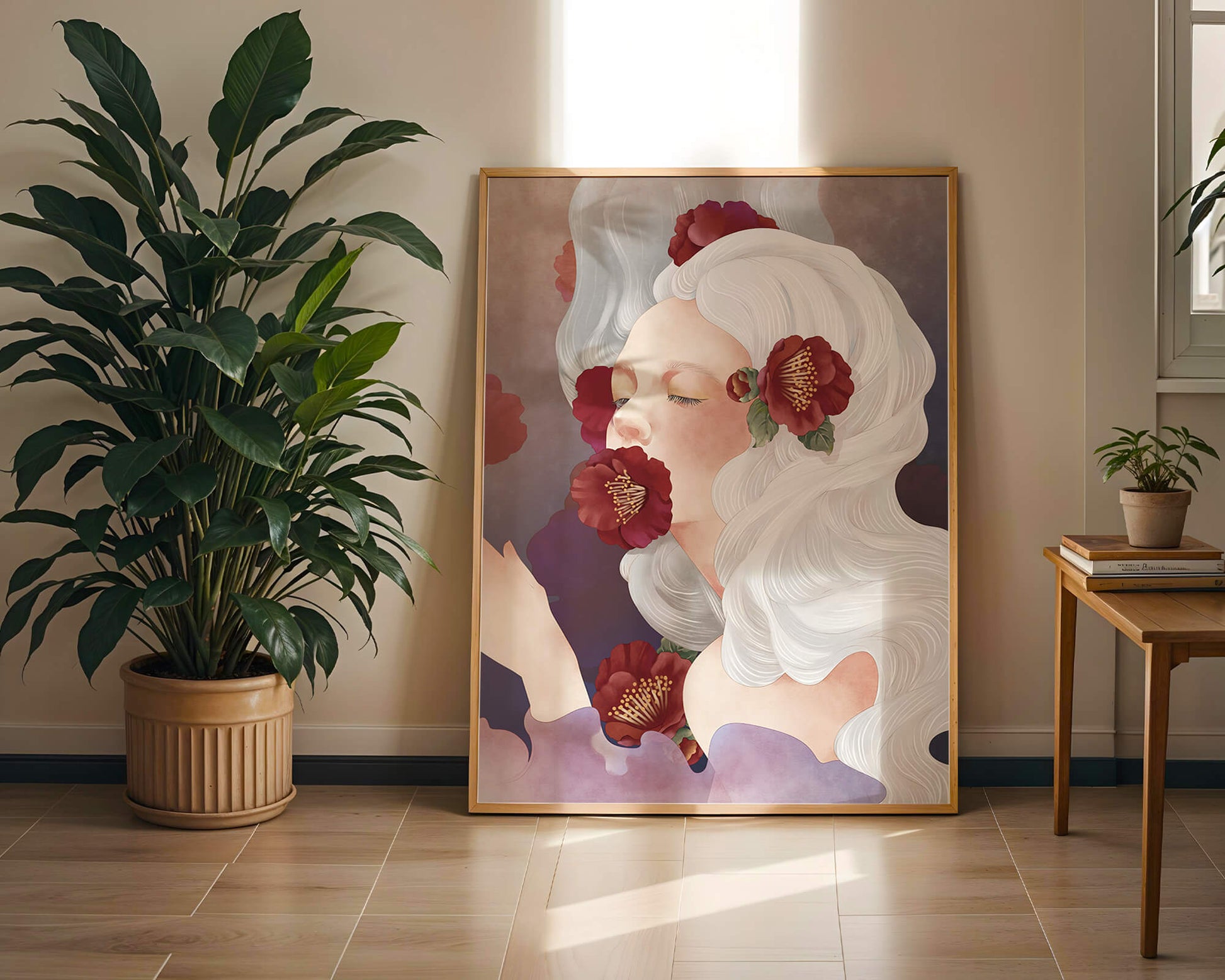 Dreamy Portrait of a Woman with White Hair and Red Flowers