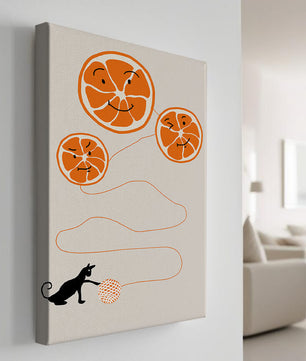 Ilustración juguetona de naranjas con un gato y ovillo de hilo