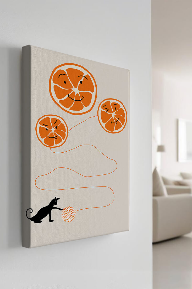 Playful illustration of oranges with cat and yarn