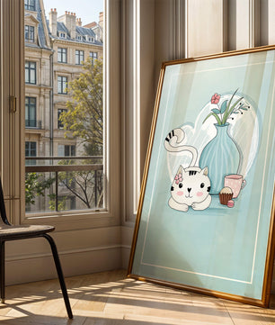 Cute Cat with Flowers, Cup, and Vase on Blue Background - Mi tienda