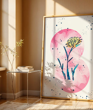 Abstract Floral Design with Pink Circles and Yellow Flower on White Background