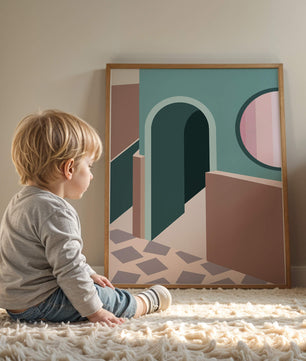 Abstract architectural scene with geometrical shapes