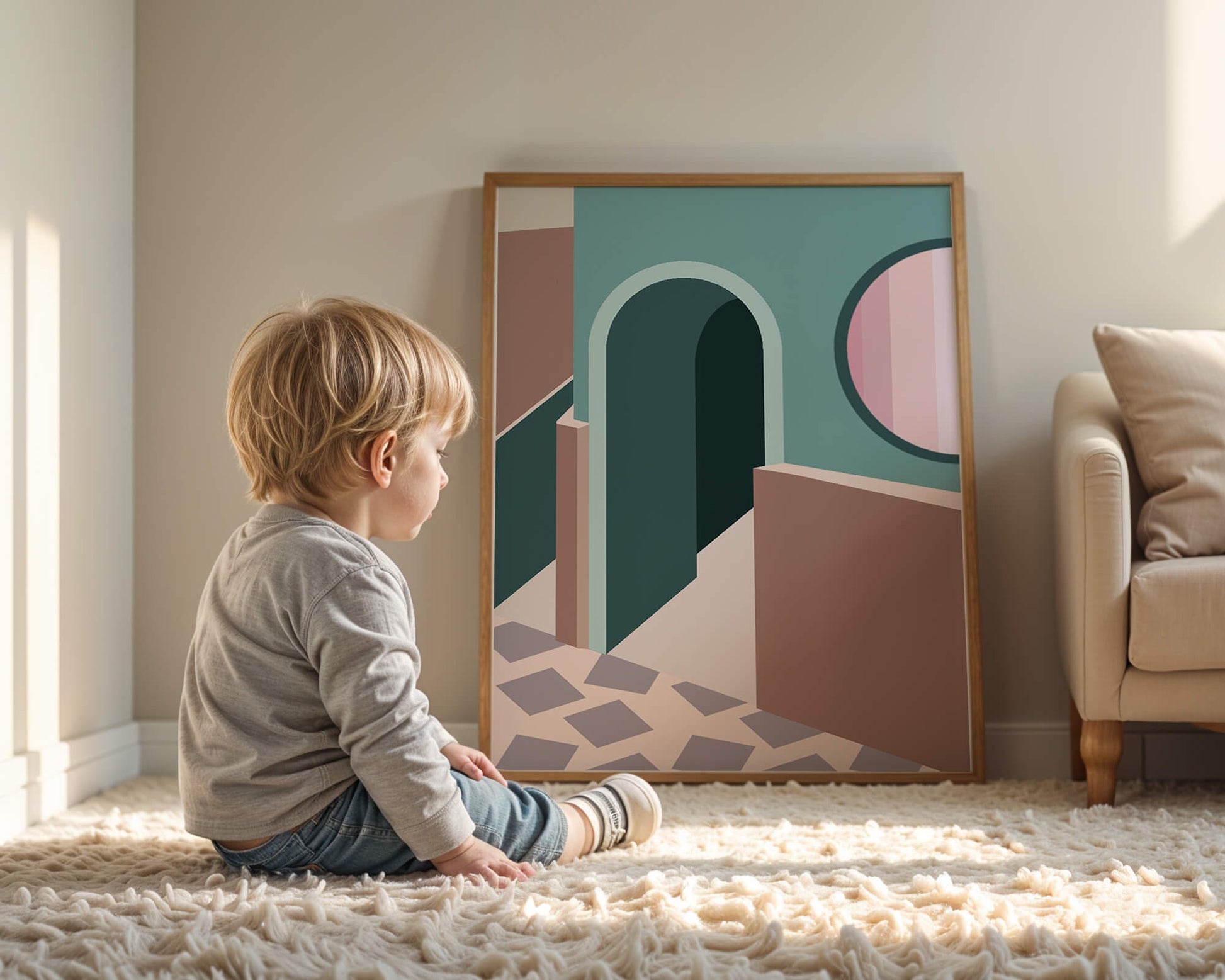 Abstract architectural scene with geometrical shapes